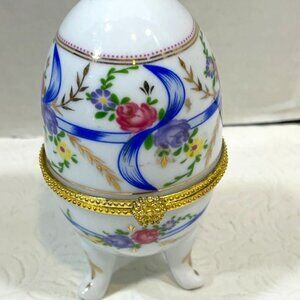 VTG Hand Painted Faberge Style Floral Porcelain Egg Shaped Hinged Jewelry Box